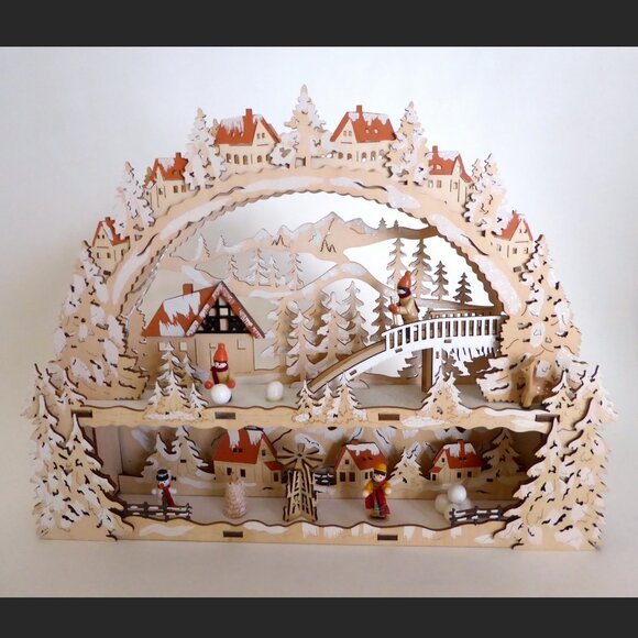 NEW 13” CHRISTMAS WINTER LED LIGHT UP LASER CUT WOOD SKI VILLAGE SNOWBALL SCENE - Picture 2 of 16